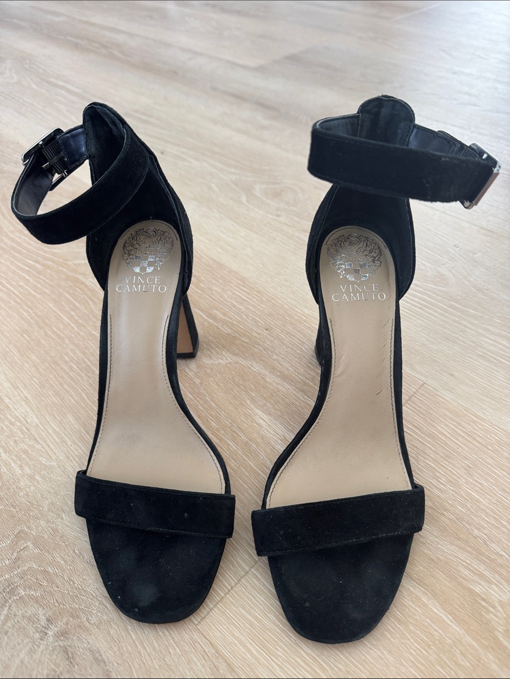 Vince Camuto Black Suede Open-Toe Ankle-Strap Block Heels